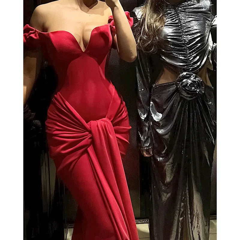 Women's V-neck Fishtail Bodycon Strapless Maxi Gown Party High Waist Ruched Dress