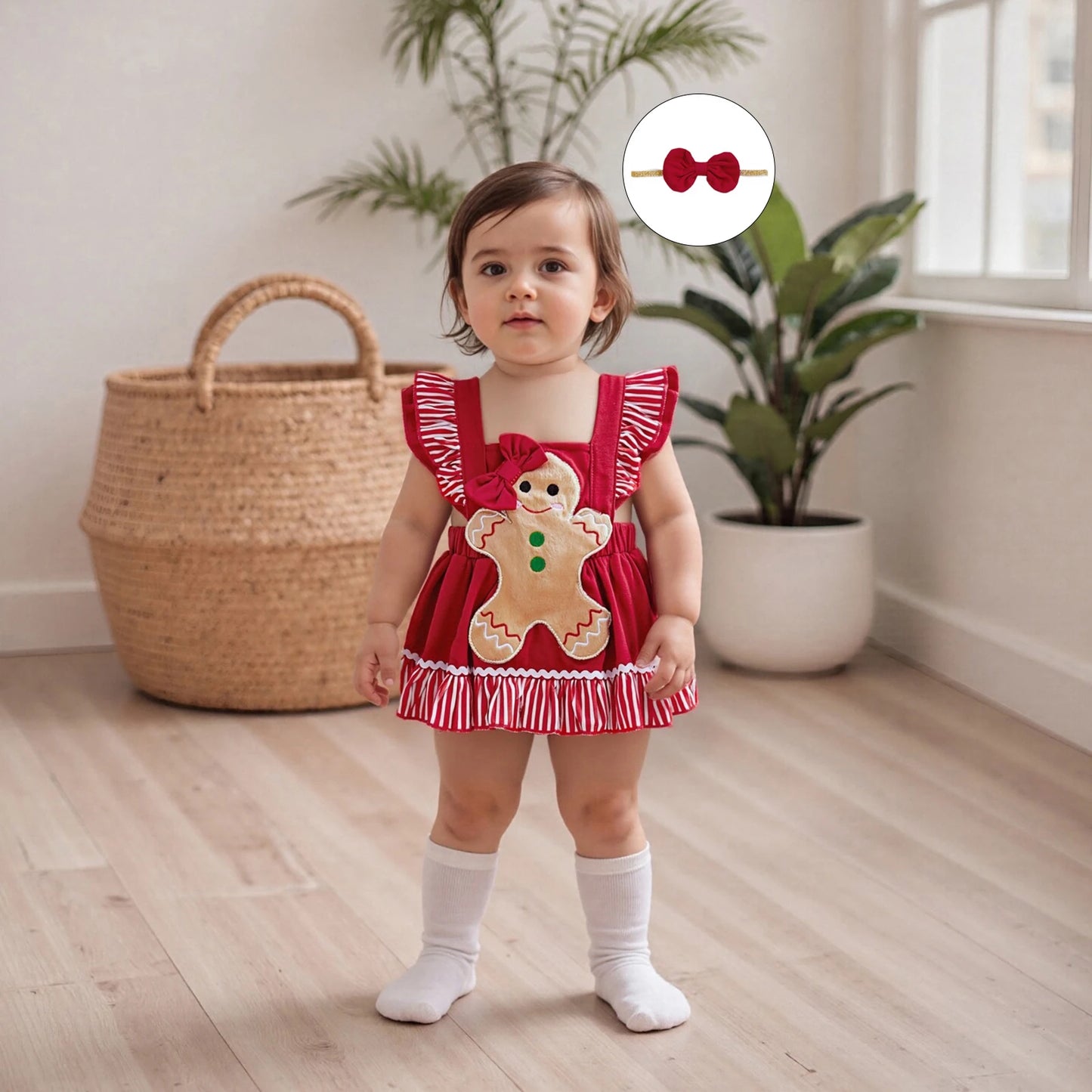 Baby Girls Christmas Romper Dress - Gingerbread Man Flying Sleeve Jumpsuit with Bow Headband (0-18M)
