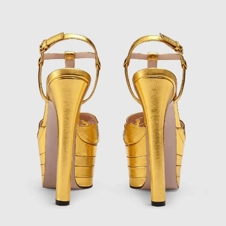 Women's Leather Platform Sandals - Wedge Heel Rivet T-Strap Sandals