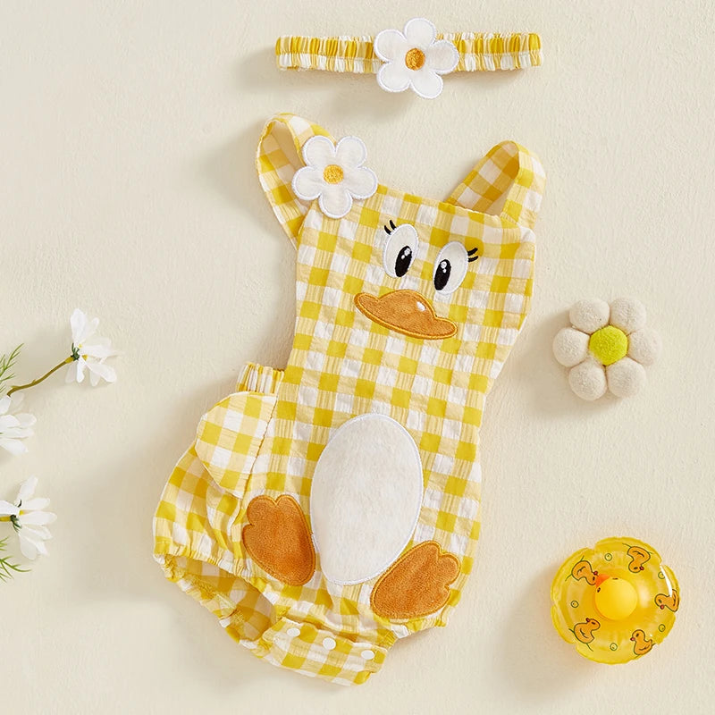 Baby Girls' Cartoon Duck Embroidery Plaid Sleeveless Romper with Floral Headband | Square Neck Summer Playsuit | 3M–12M