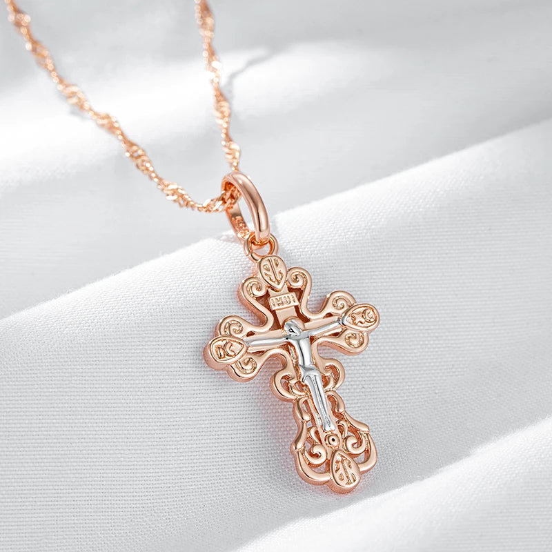 Unisex Orthodox Church Cross Pendant Necklace 585 Rose Gold Silver Colour