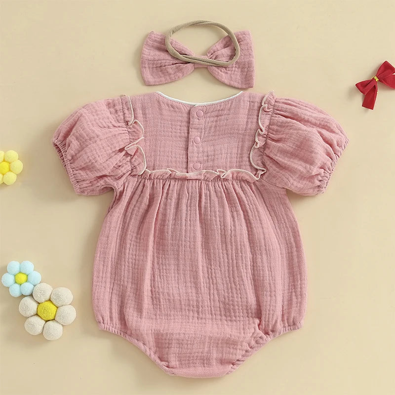 Baby Girls Bow Bubble Romper with Headband - Short Sleeve Ruffled Jumpsuit
