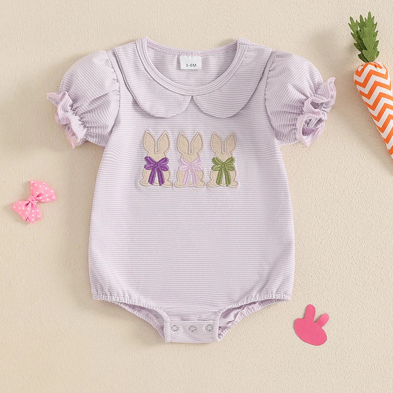 Baby Girls Easter Romper with Rabbit Embroidery - Peter Pan Collar Jumpsuit (0-18M)