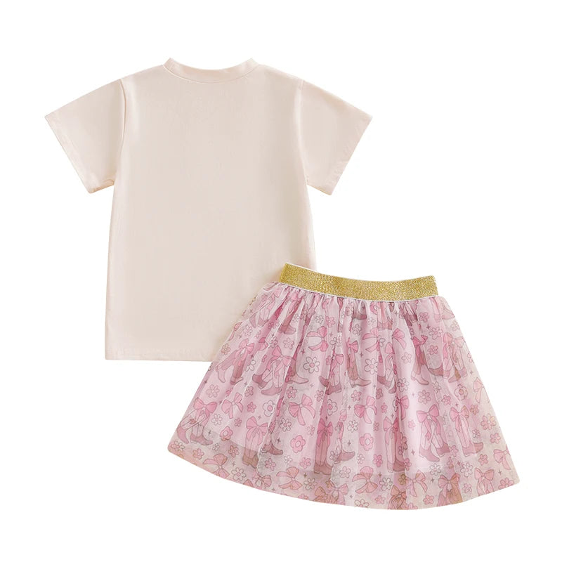 2pcs Kids Girls Summer Clothes Set Short Sleeve Bow Boots Print T Shirt and Tulle Skirt 0-5Y