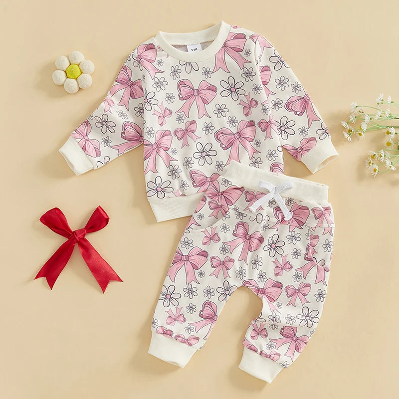 0-3Y Toddler Baby Girls Fall Clothes Sets 2pcs Bow Flower Print Long Sleeve Sweatshirt Elastic Waist Pants