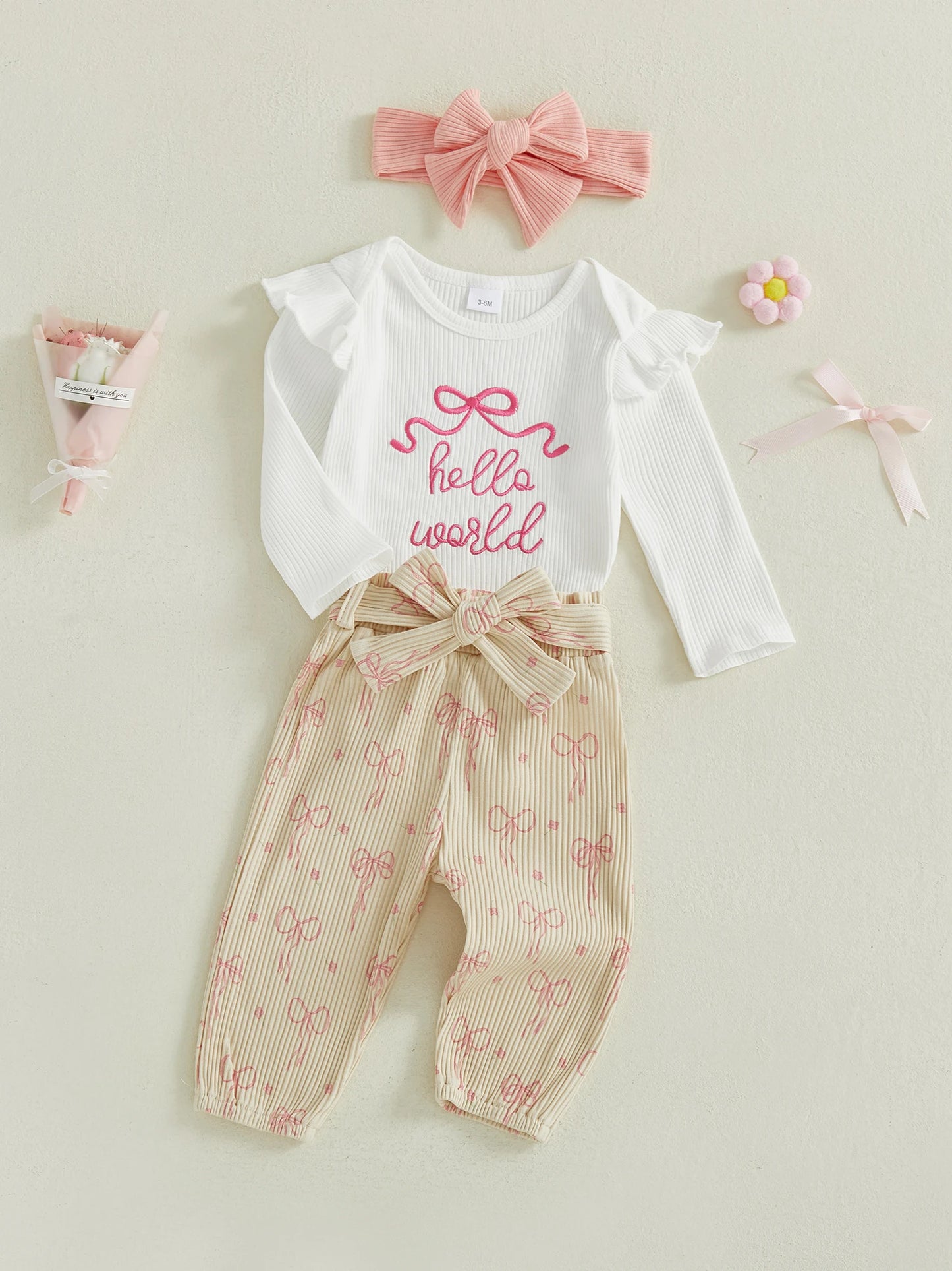 Newborn Baby 4-Piece Outfit Set - Long Sleeve Romper, Pants, Belt & Headband