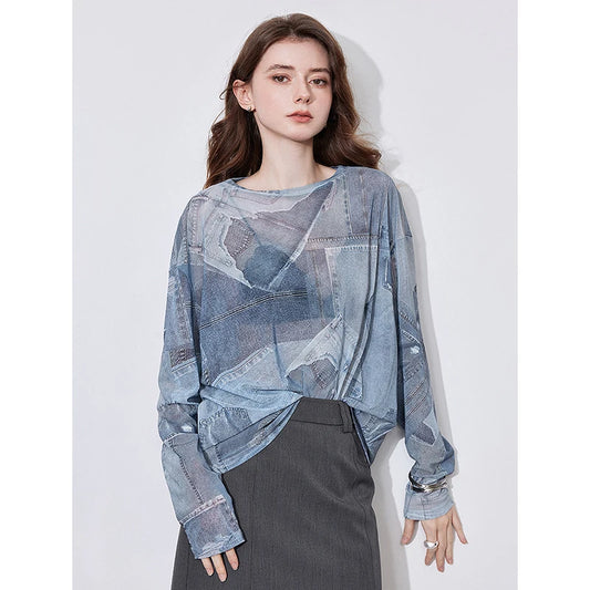 Women's Long Sleeve Denim Printed Round Neck See-through Undercover Skin T Shirt