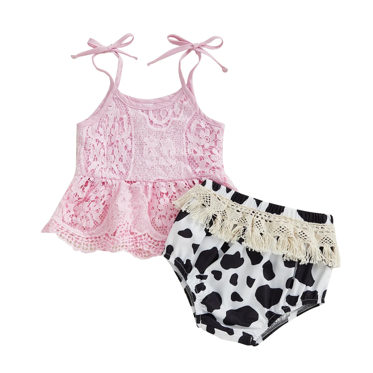 Baby Girls Summer Outfit Set - Floral Lace Tie Strap Camisole & Tassel Shorts (0-18M)