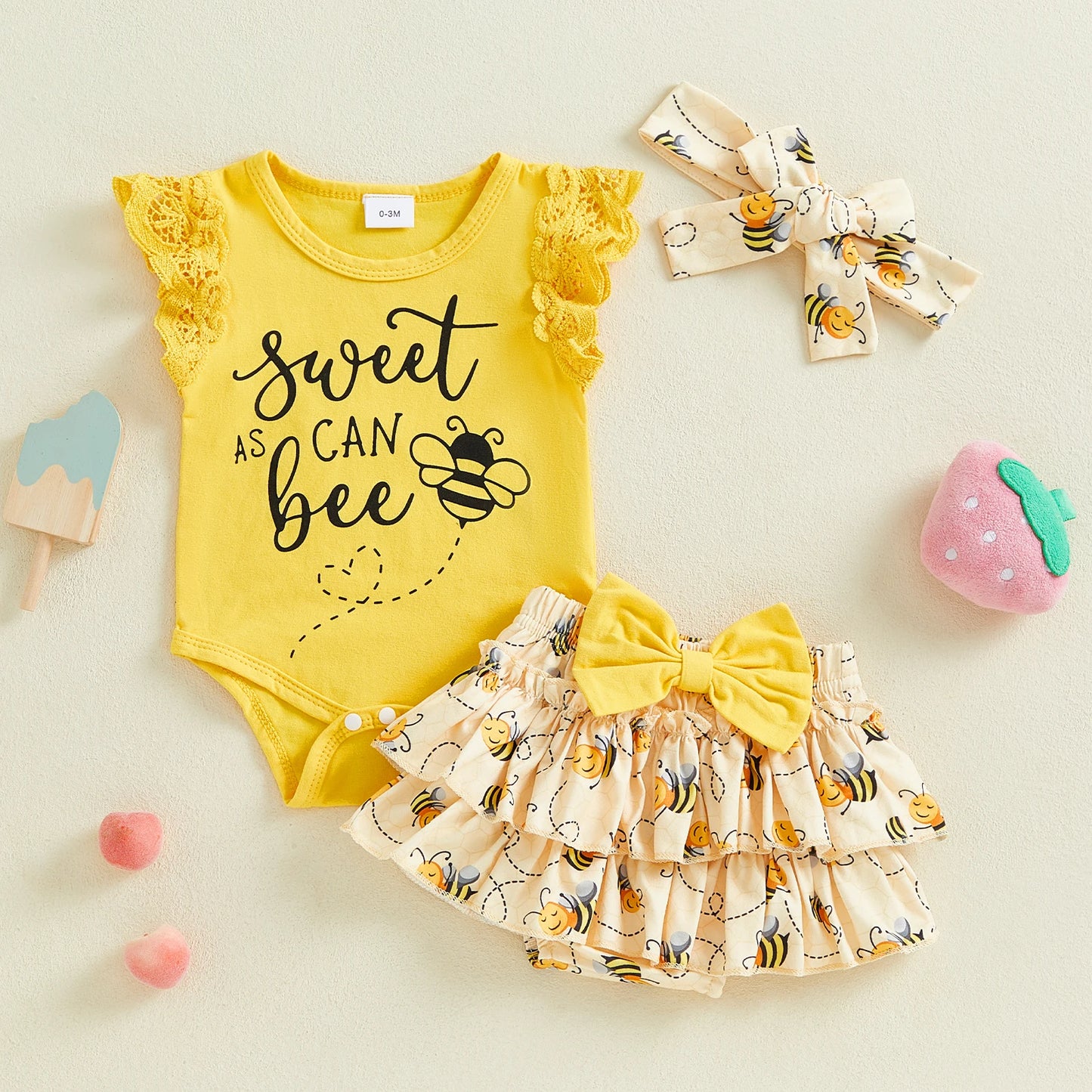 0-18M Baby Girls Summer Clothes Sets Flying Sleeves Letter Fruit Print Romper Tiered Ruffled Shorts with Headband
