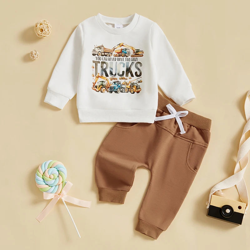 Infant Baby Boy Fall Clothes Sets Cartoon Truck Letter Print Long Sleeve Sweatshirt Long Pants 2 Pcs Set