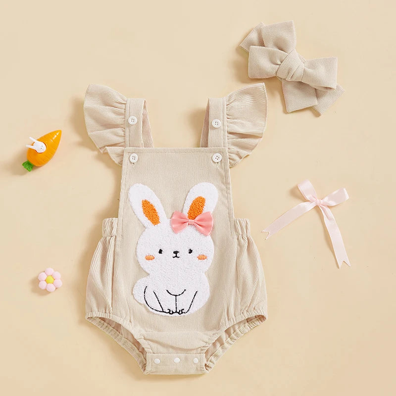 Infant Baby Easter Romper - Ruffles Flying Sleeve Rabbit Embroidery Jumpsuit with Headband