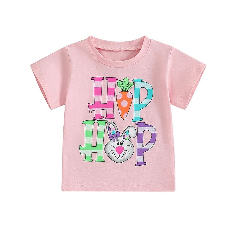 0-6Y Summer Kids Boys Girls Easter T Shirt Rabbit Letter Print Short Sleeve Pullover Top