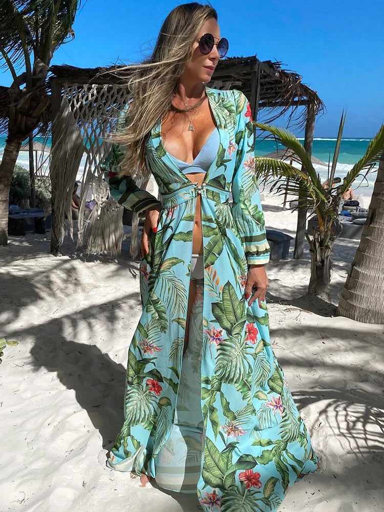 Women's Halter Printed Swimwear Loose Dress Backless Bikini Cover Up