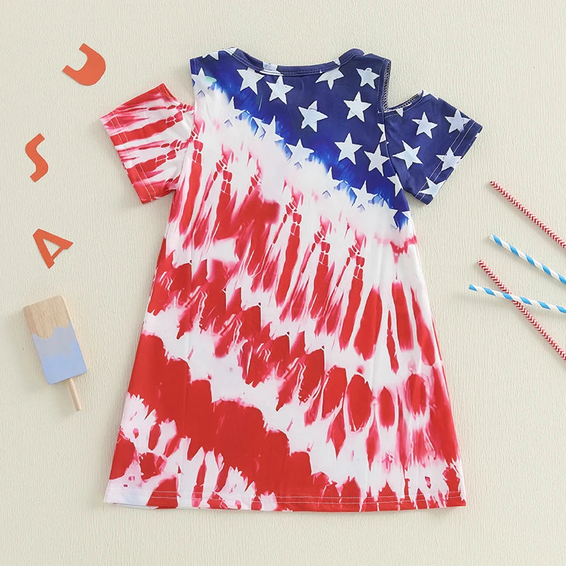 1-8Y  Kids Girls USA Flag Star Tie-Dye Print Short Sleeve Casual Summer Dress