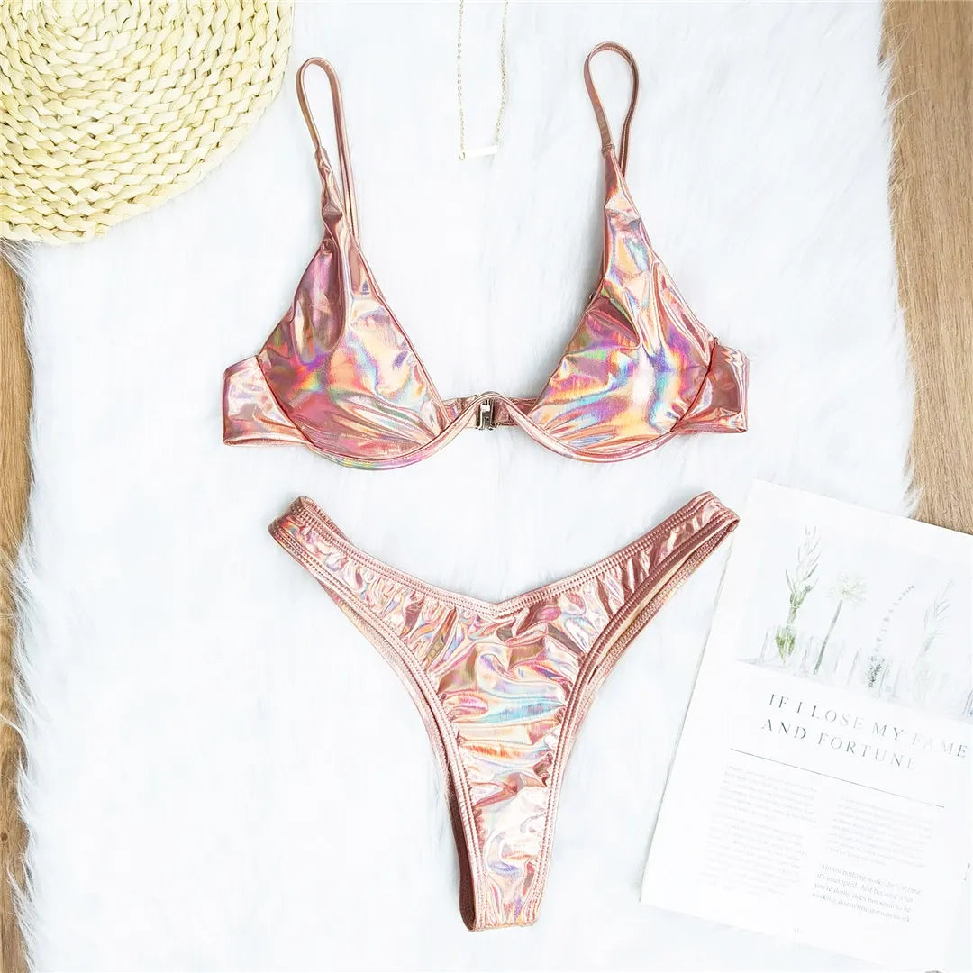 Women's V-Bar Underwired Bikini Set | V-Shape Wire Padded Two-Piece Swimwear