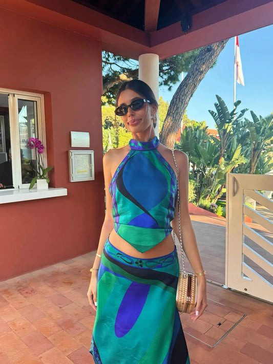 Women's Print Two Piece Skirt  Halter Beach Dress  Bra High Waist A-line Long Skirt Suit Summer  Set