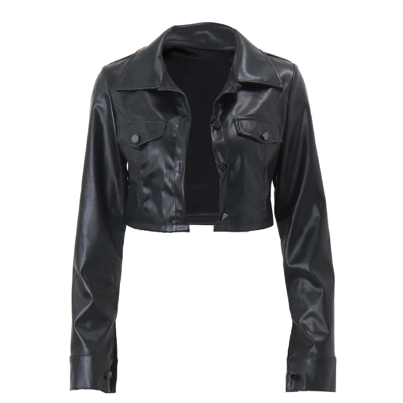 Women Turn-down Collar Button PU Faux Leather Short Jacket