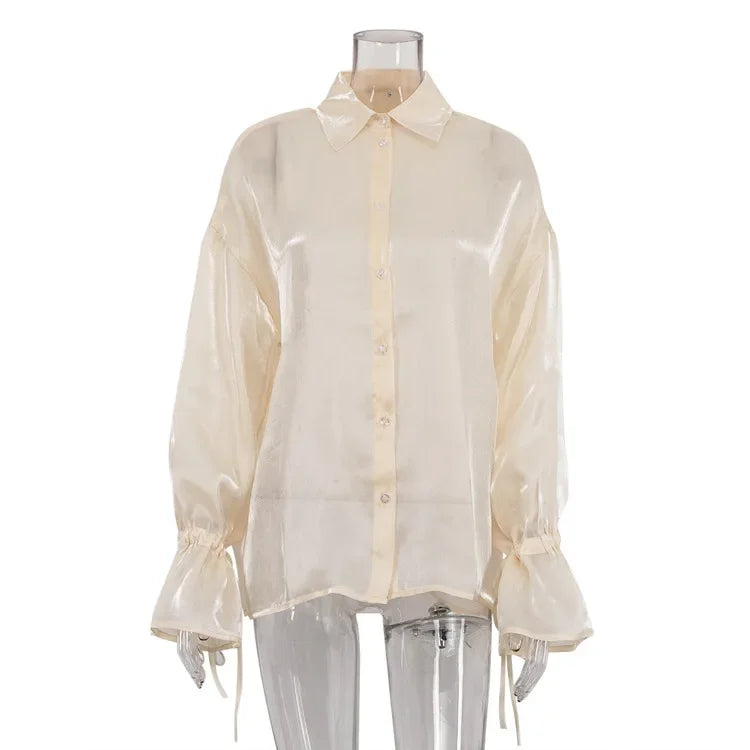 Women's Loose Button Long Sleeve Top Thin See Through Shirt