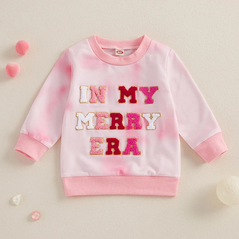 0-3Y Baby Girl Christmas Sweatshirt - Tie-Dye Print Letter Embroidery Long Sleeve Pullovers Top