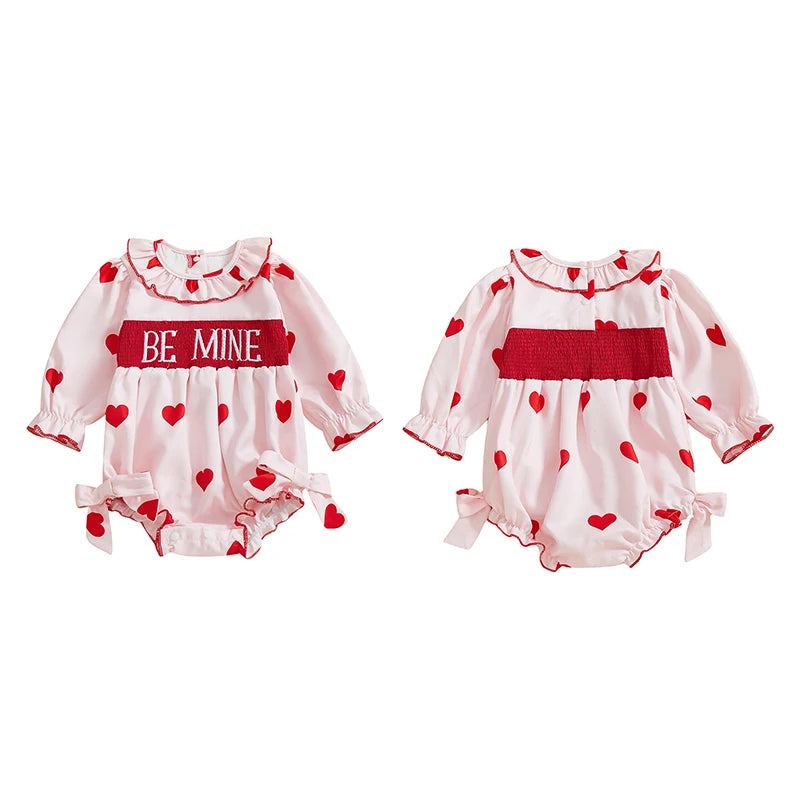 Baby Girls Valentine's Day Romper - Heart Print with Letter Embroidery & Bow (0-24M)