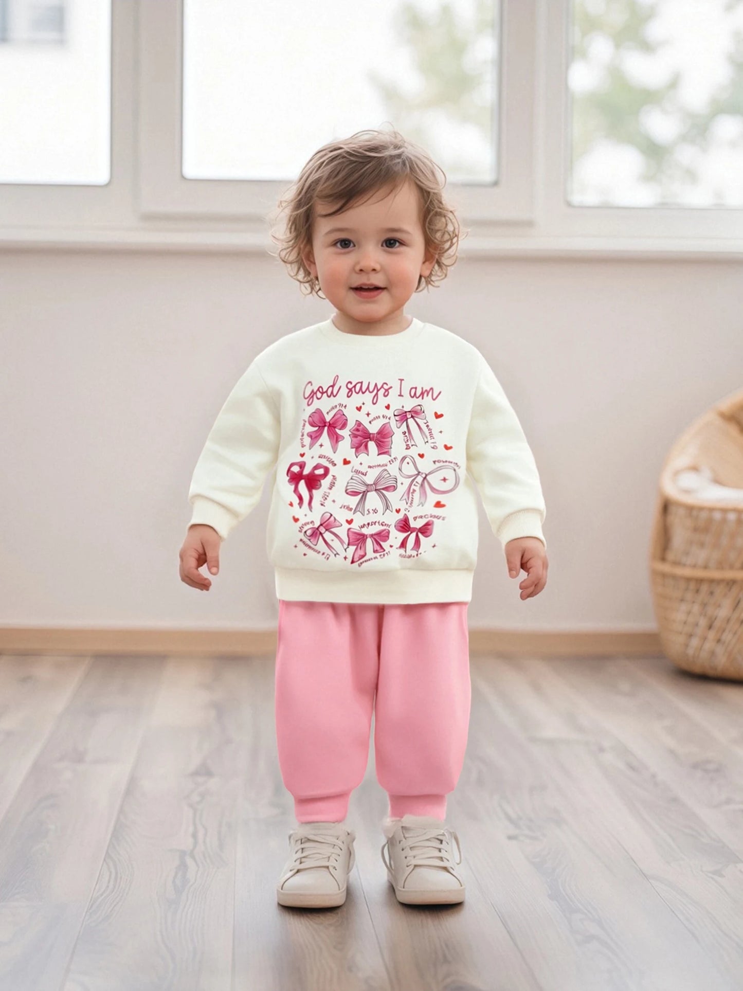 Baby Girls Fall Winter Clothes Set - Bow Letter Print Sweatshirt & Pants (0-3Y)
