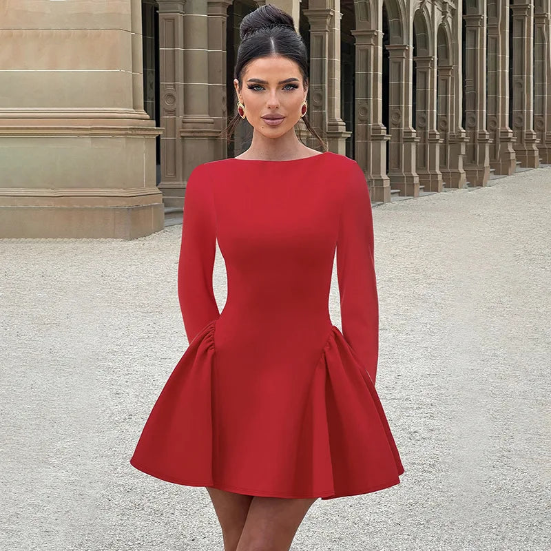 Women's Elegant Bodycon Mini  A-line Hem Splice Round Neck Long Sleeve Dress