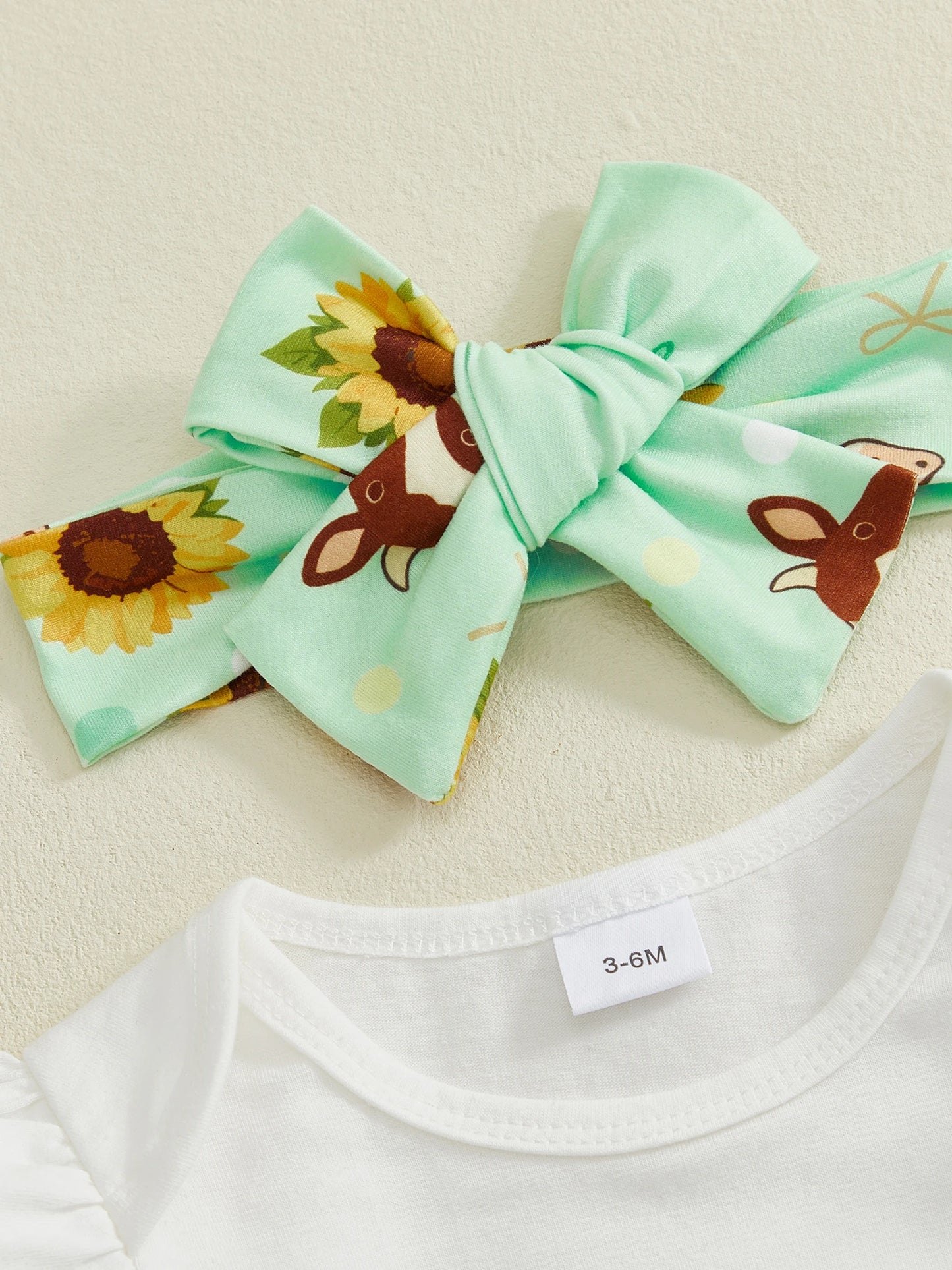 Baby 3-Piece Outfit Set - Cow Print Letter Romper, Pants & Headband