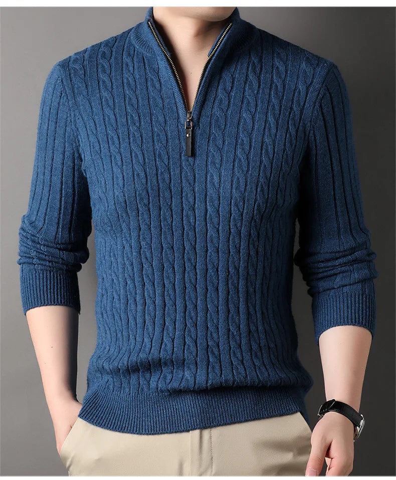 Men's Thick Mock Neck Pullover Half Zipper Knitted Warm Sweater