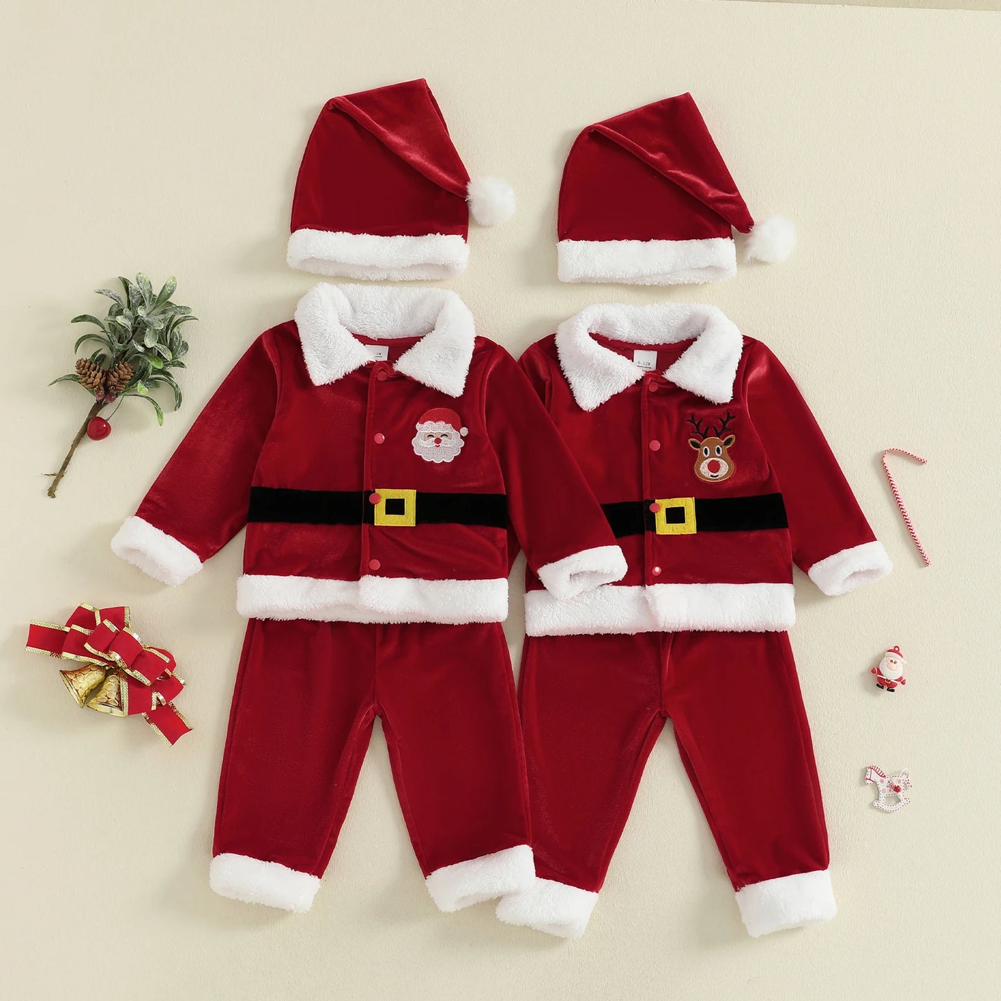 Christmas Santa Costume Set - Kids Lapel Button Down Top & Pants Outfit