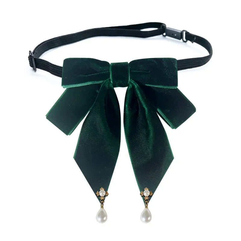 Vintage Velvet Fabric Bow Tie Brooch - Pearl Bowknot Badge Shirt Collar Pin Luxury Necktie