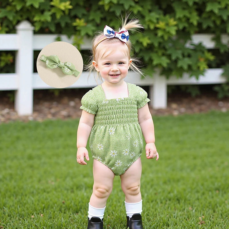 Baby Girls Romper Set with Headband - Plaid Flower Print Short Sleeve Bodysuit 2-Piece