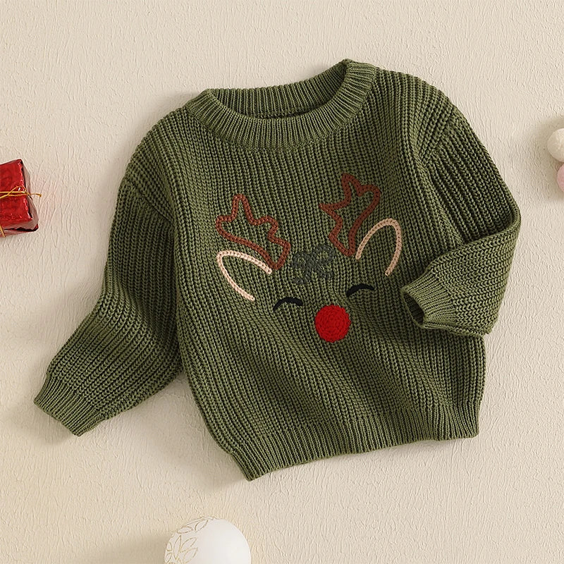 0-3Y Toddler Baby Boys Girls Christmas Sweater - Reindeer Embroidery Long Sleeve Round Neck Knitwear Pullover