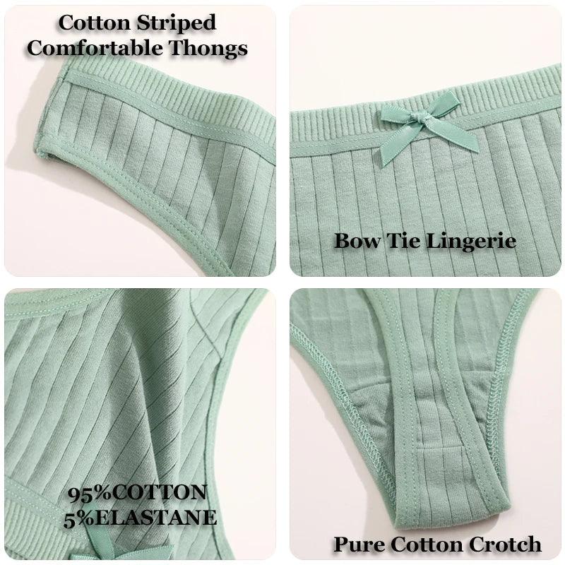 Women's Cotton Bow Tie Underwear 5-Pack - Ribbed Striped Low Waist Thongs
