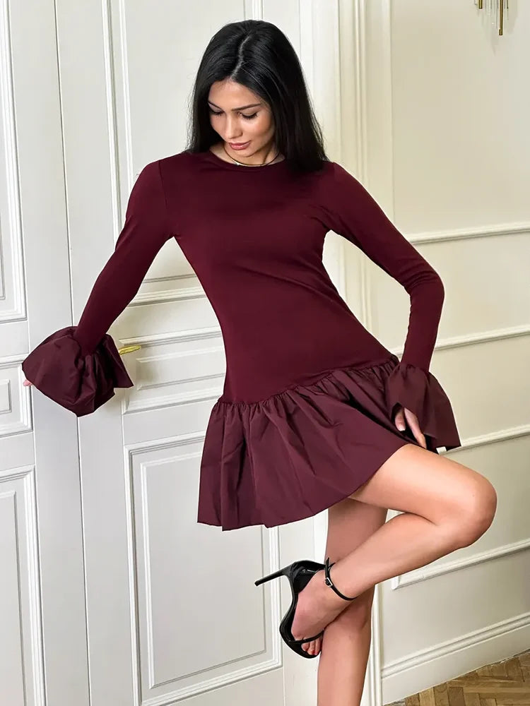 Women's  Flare Sleeve Mini Splice Folds A-Line Sweet Bodycon Dress