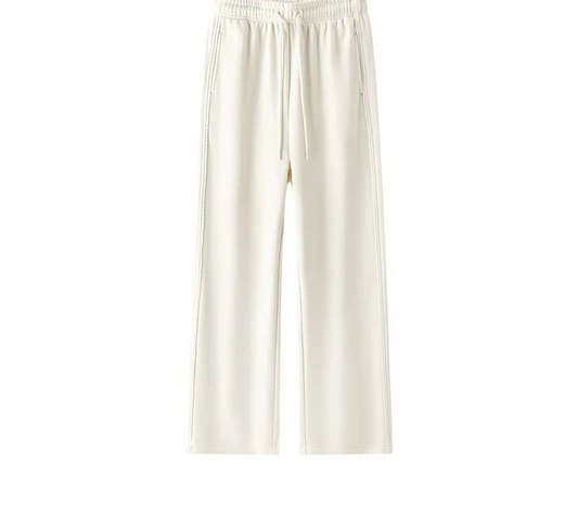 Wide Leg Fleece Lined Lace Trim Elegant High Waist Casual Trousers