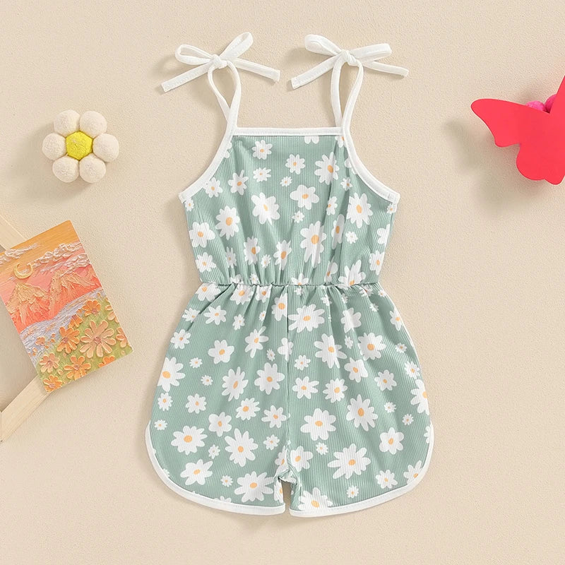 0-5Y  Kids Girls Summer Jumpsuit Shorts 4 Colours Sleeveless Square Neck Floral Print Romper Playsuits