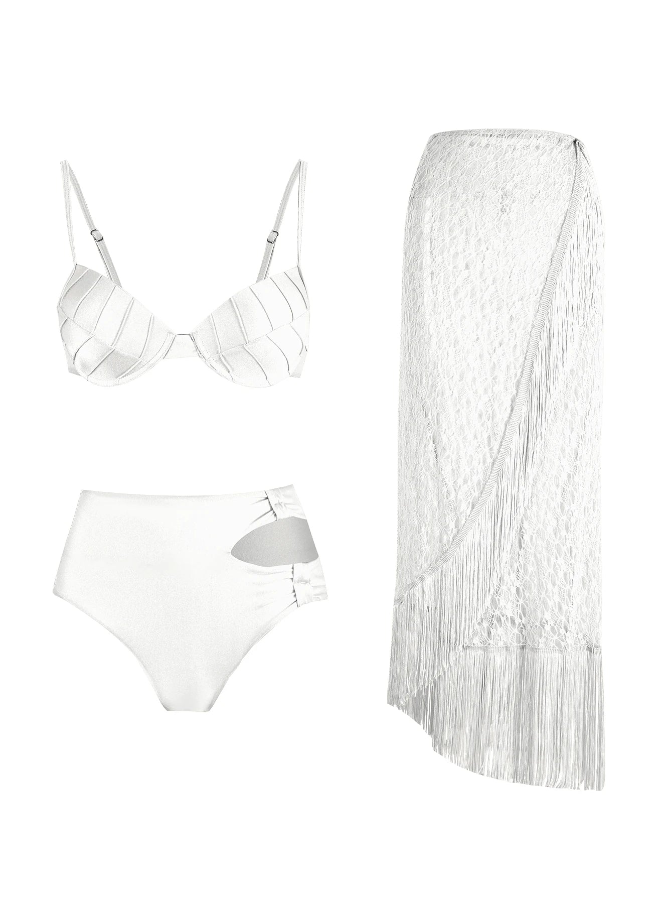 Women's 3-Piece Solid Bikini Set - Padded Bra, Tassel High Waist & Beach Skirt