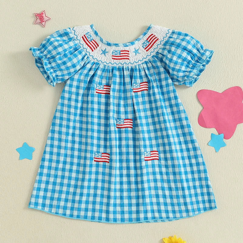 0-4Y  Kids Girl’s  Short Sleeve Embroidery Crew Neck Plaid Flags Print A-Line Dress
