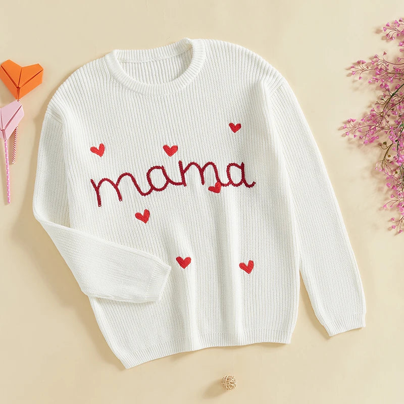 Mommy & Me Letter Heart Embroidery Matching Sweaters - Long Sleeve Round Neck Tops
