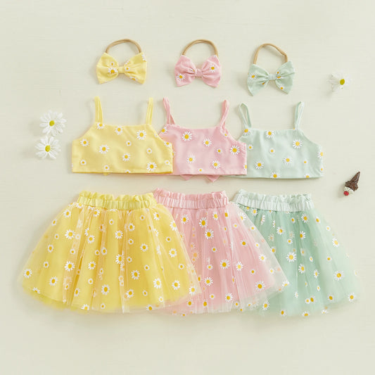 0-3Y Toddler Baby Girls Summer Clothes Sets Sunflowers Print Spaghetti Strap Top and Tulle Skirt Bow Headband