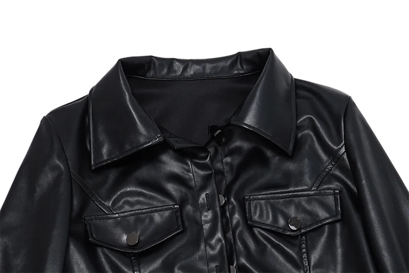 Women Turn-down Collar Button PU Faux Leather Short Jacket