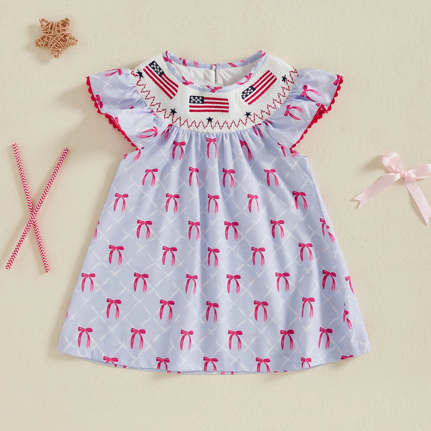 Kids Girls Dress 0-5Y USA Flag Embroidery Dot/Plaid Print Short Sleeve A-Line Dress