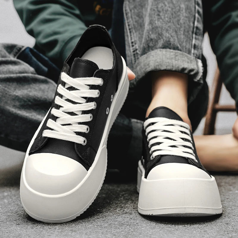 Men's Leather Platform Sneakers - Vulcanized Tennis Sports Shoes