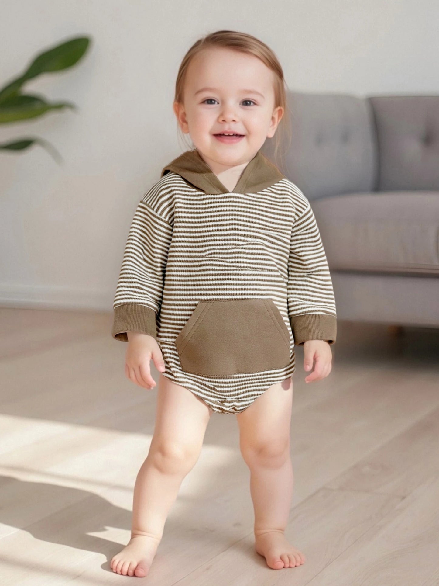 Newborn Baby Boys Fall Romper - Long Sleeve Hooded Stripe Bodysuit with Front Pocket (0-18M)