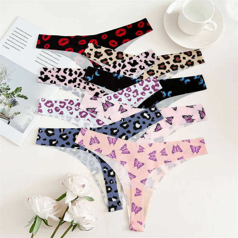 Women's 4Pcs Ultra Soft Underwear Graphic Print Seamless Thongs Stretch Leopard G Strings Comfort Lingerie