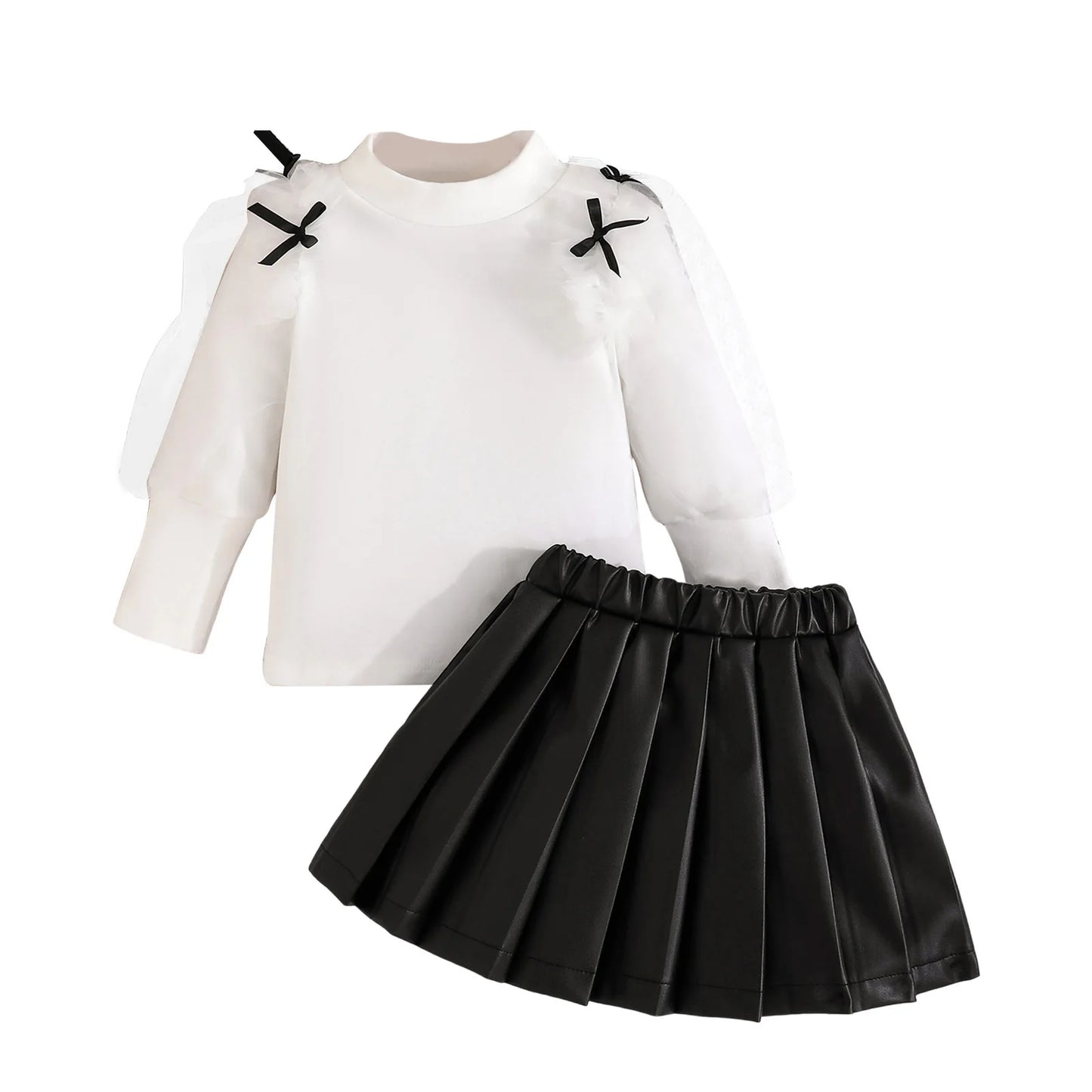 Toddler Kids Girls Fall Clothes Set - Mesh Bow Mock Neck Long Sleeve Top & Pleated Skirt