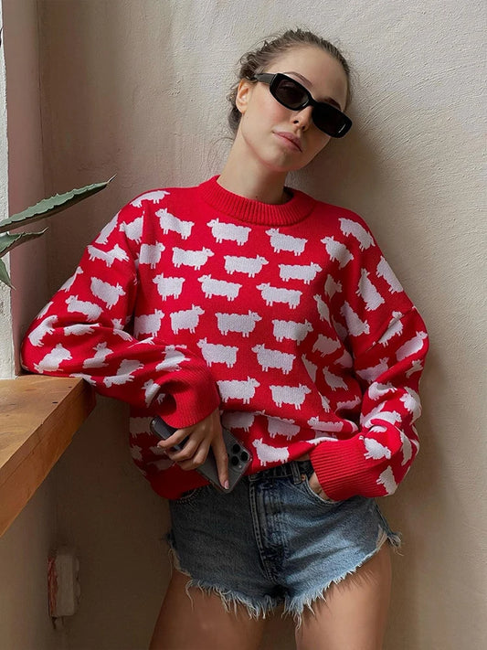 Women's Round Neck Alpaca Printed Long Sleeve Pullover Sweater