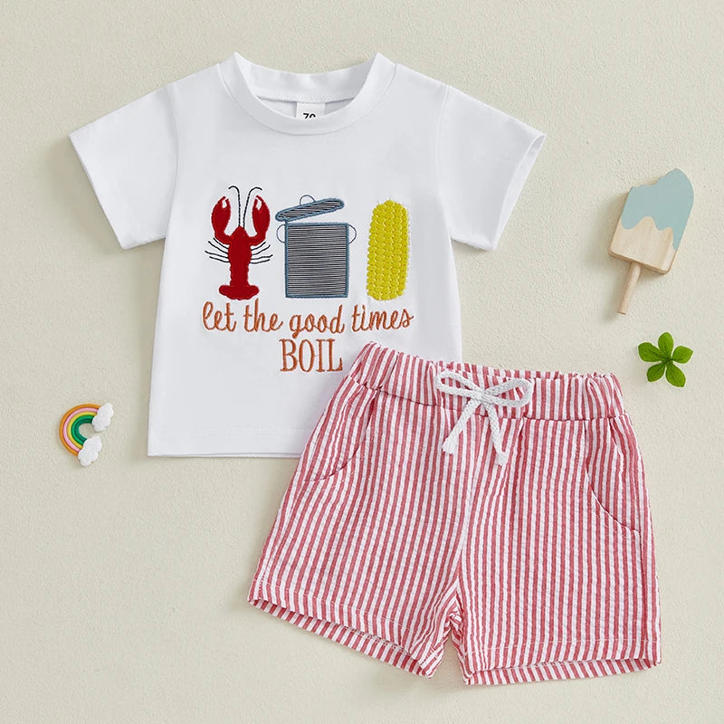0-7Y Casual Kids Boys Summer Clothes Sets 2pcs Short Sleeve O Neck Lobster Letter Print T Shirts and Striped Shorts