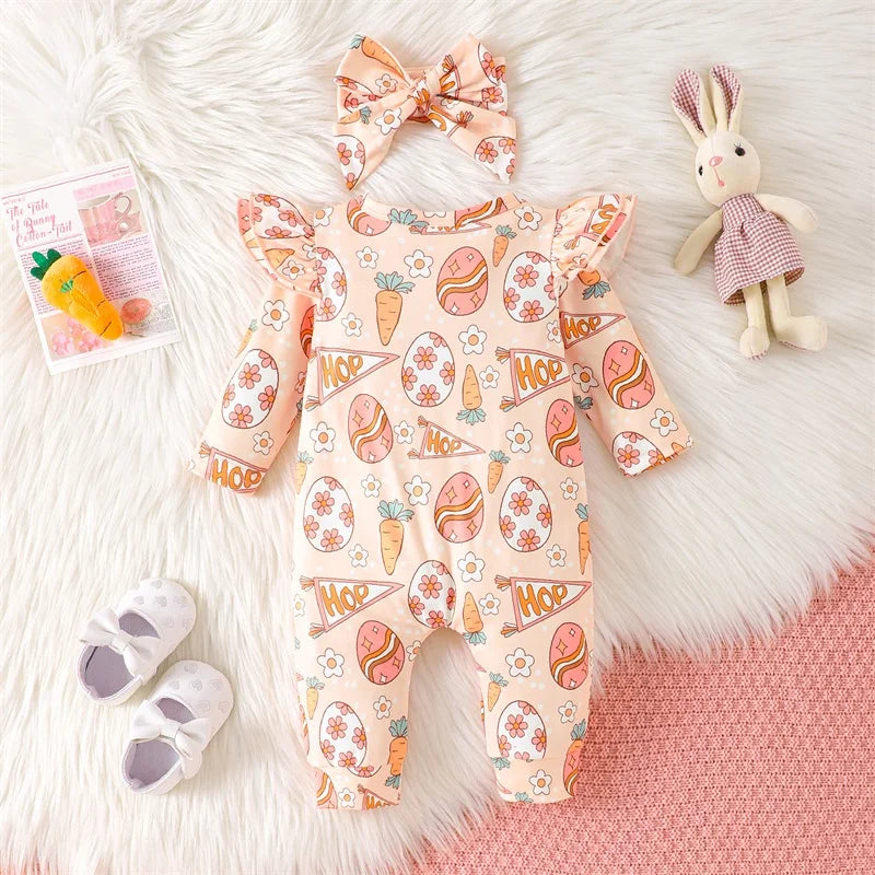Newborn Baby Easter Jumpsuit - Long Sleeve Rabbit Egg Print Romper with Headband