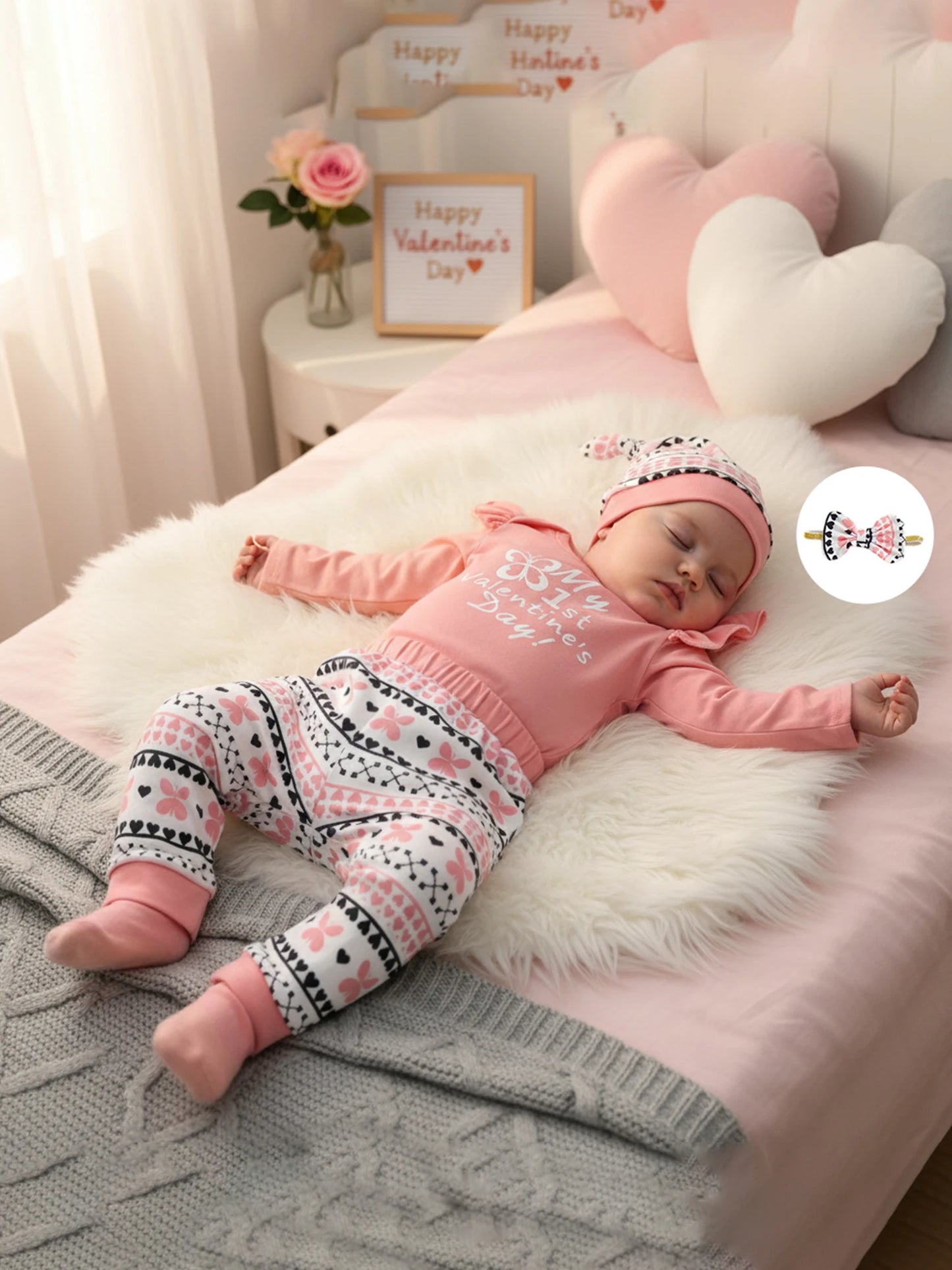 Newborn Baby Girls Boys Valentine's Day Outfit Set - Letter Print Romper with Butterfly Pants & Accessories 0-12M